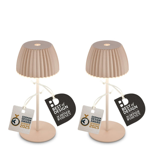 BRILONER - 2-piece set of Riffle Mini LED table lamps, wireless, IP44 with light edge, 8.5x20 cm, touch dimmer, rechargeable battery, bedside lamp, LED lamp, battery lamp, German Design Award Winner 2025, Beige - 7685021