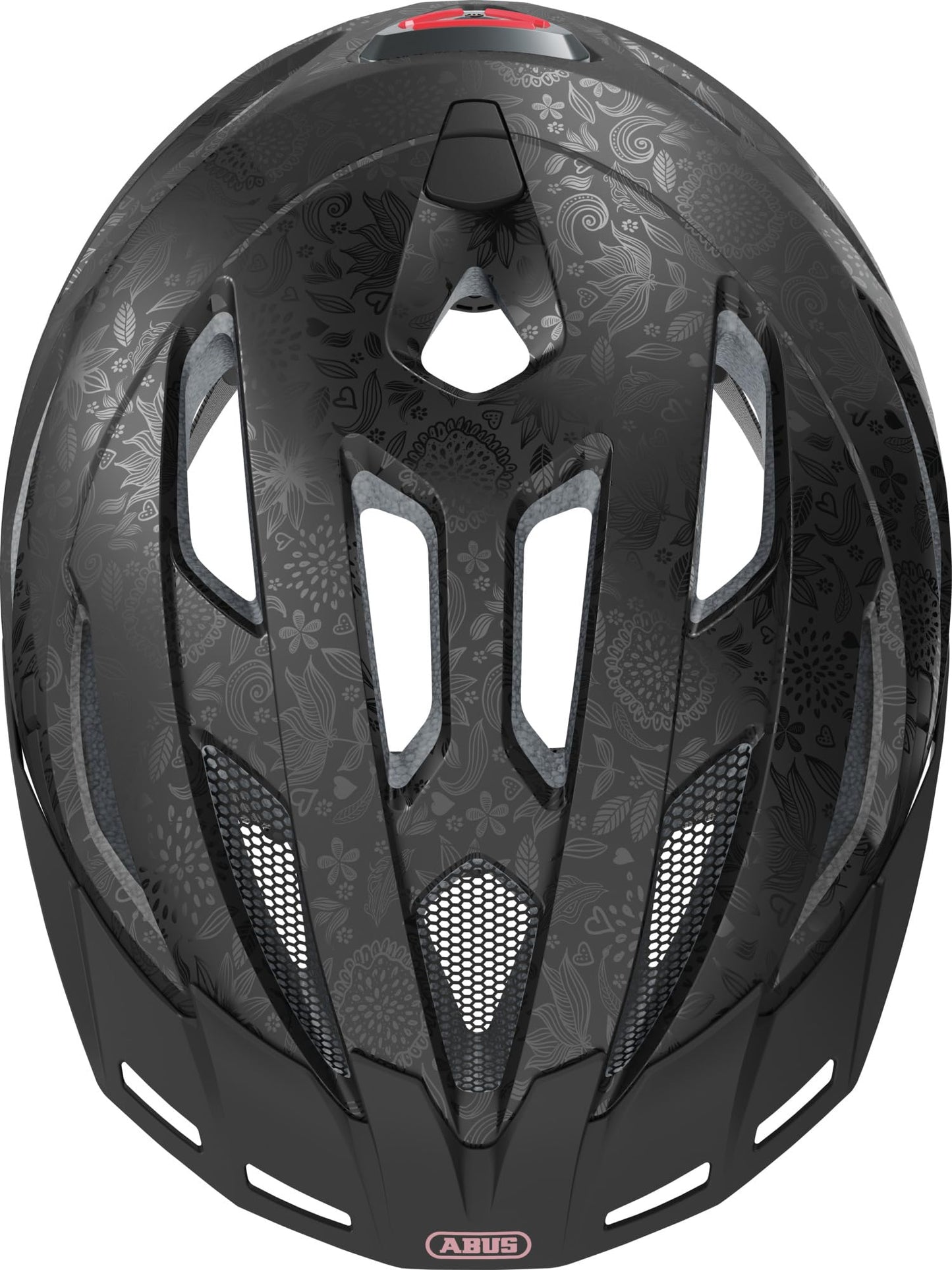 ABUS City Helmet Urban-I 3.0 - Bicycle Helmet with Rear Light, Peak and Magnetic Closure - for Men and Women - Black with Floral Pattern, M (52-58 cm) - 40191