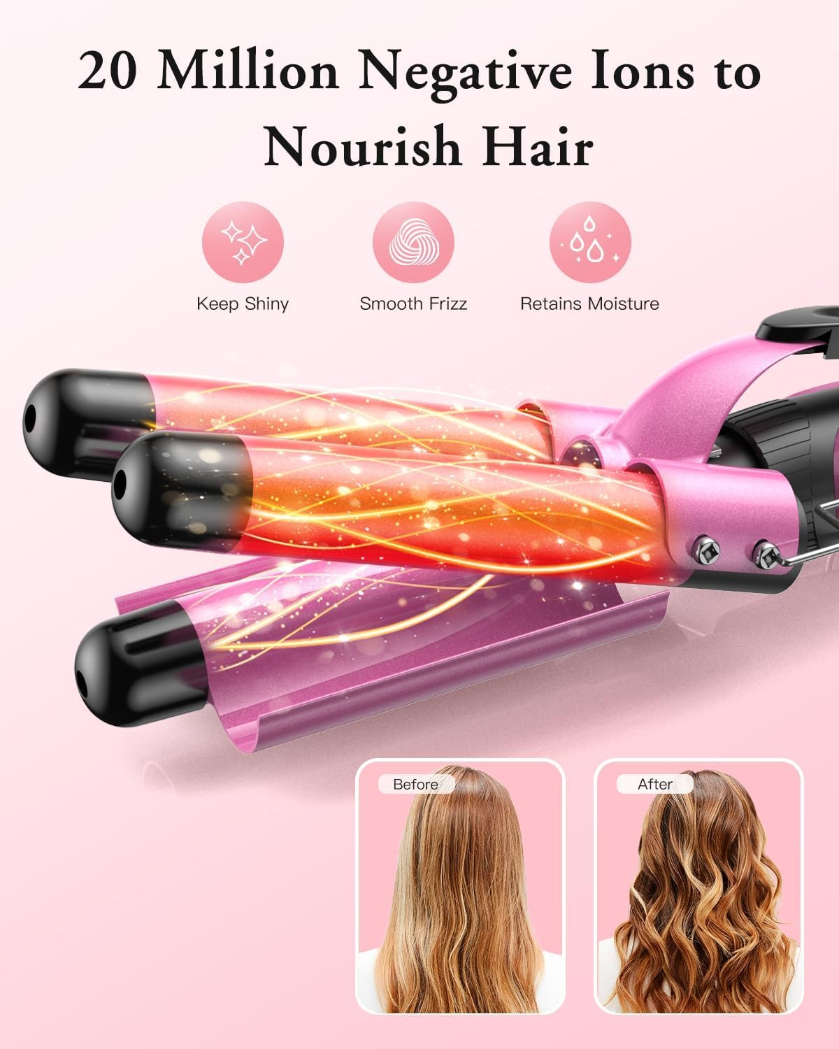 BESTOPE PRO curling iron curling iron 3 barrels wave iron 5 in 1 - curling iron set 3 barrels for large waves, temperature setting, quick heating and a glove, 2 clips, rosé - MD-J18