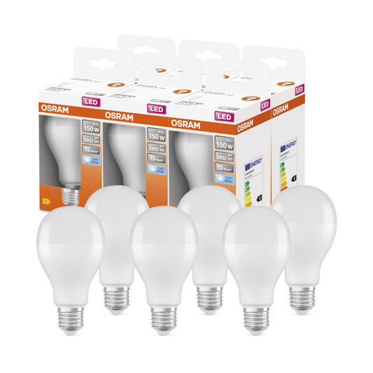 Osram LED Star Classic A150 LED Lamp for E27 socket, bulb shape, FR, 2452 lumens, cool white (4000K), replacement for traditional 150W incandescent bulbs, non-dimmable, pack of 6 - 4099854023156