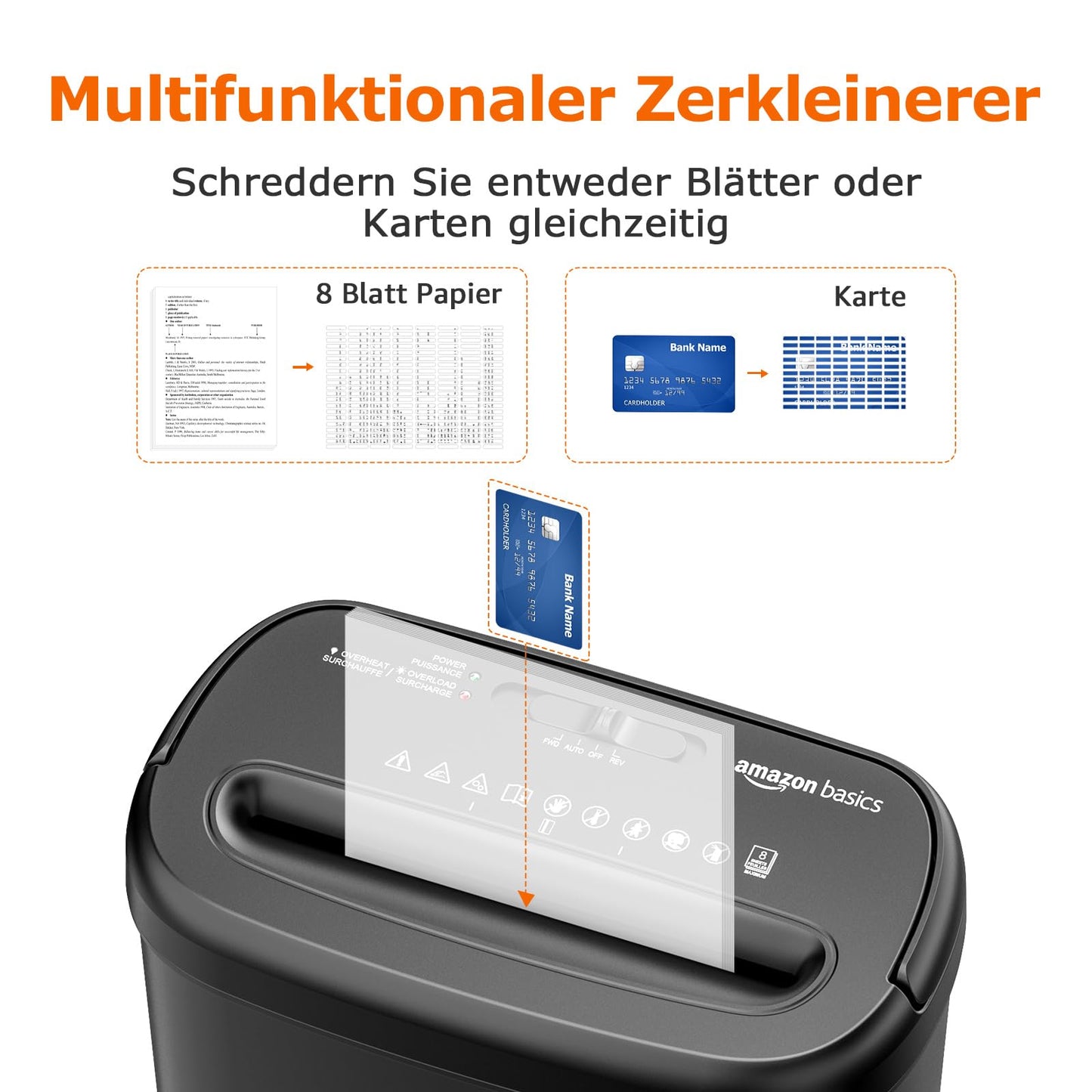 Amazon Basics cross-cut document shredder, 8 sheets, with transparent viewing window, for documents and credit cards, 14l collection container, black - C276-A