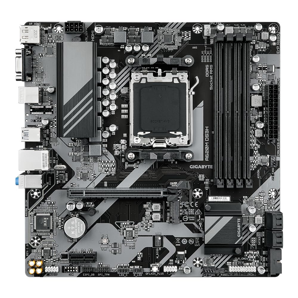 Placa de bază GIGABYTE A620M DS3H - Suportă procesoare AMD Ryzen 8000, VRM digital pe 5+2+2 faze, până la 7600MHz DDR5 (OC), 1xPCIe 4.0 M.2, LAN GbE, USB 3.2 Gen 1