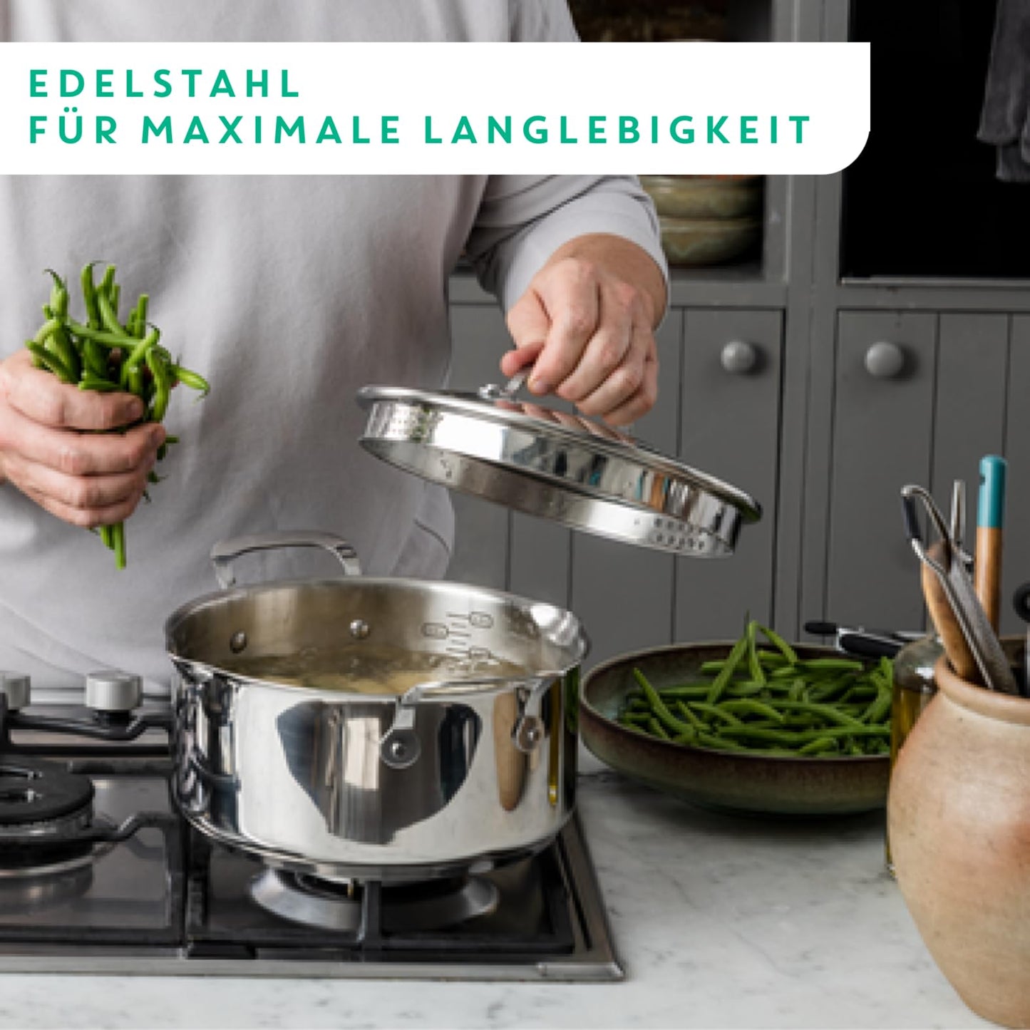 Tefal Jamie Oliver Cook's Direct On 8-piece stainless steel pan set: pans 20/28 cm, saucepans 16/18/20 cm + lid, non-stick coating, thermal signal, riveted handle, induction, E304S544