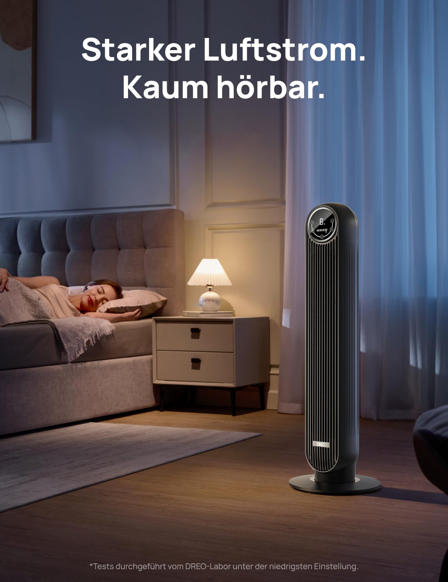 DREO Quiet tower fan, 10 m throw, 8 speed levels, 4 modes, 8 hour timer, 90° oscillating fan with cooling remote control for bedroom, tower fan 307, black - DR-HTF007
