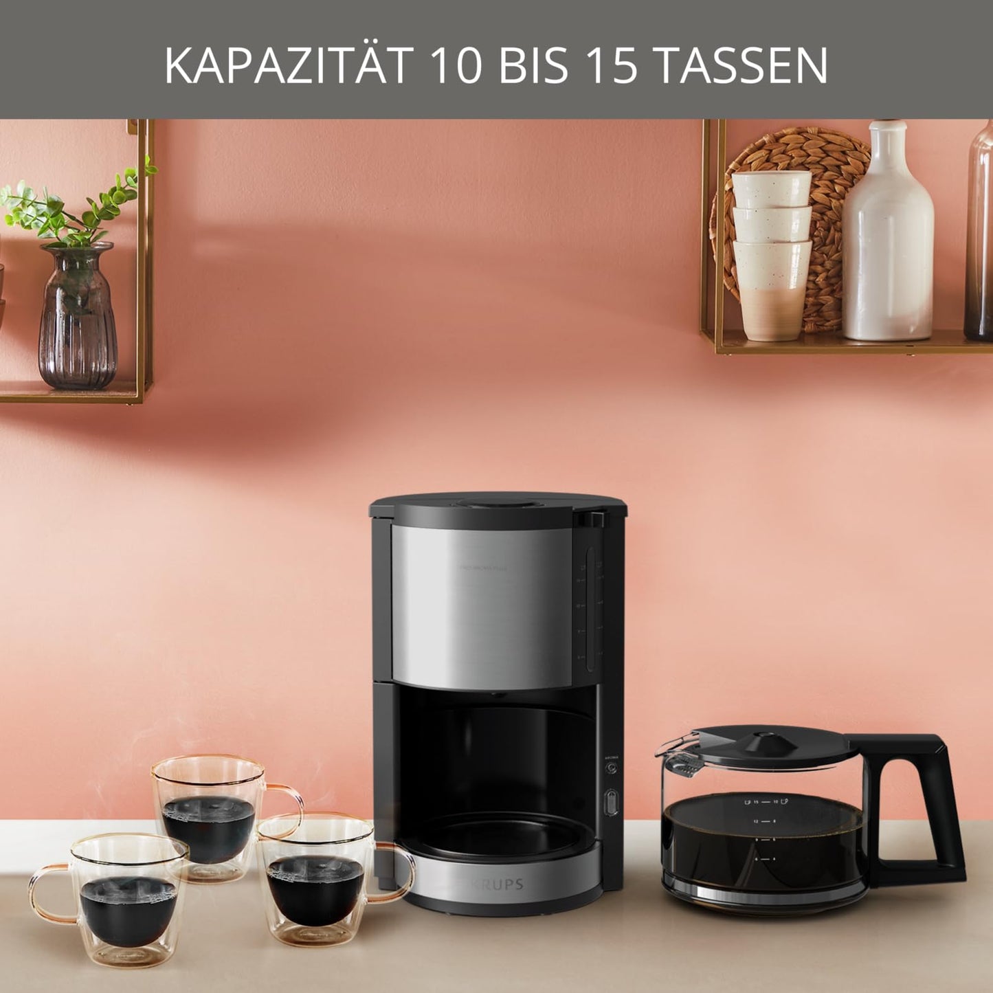 Krups KM3210 Pro Aroma Plus filter coffee machine, 10 cups, 1.25 L, 30-minute keep-warm function, visible water level window, drip stop system, black with stainless steel applications