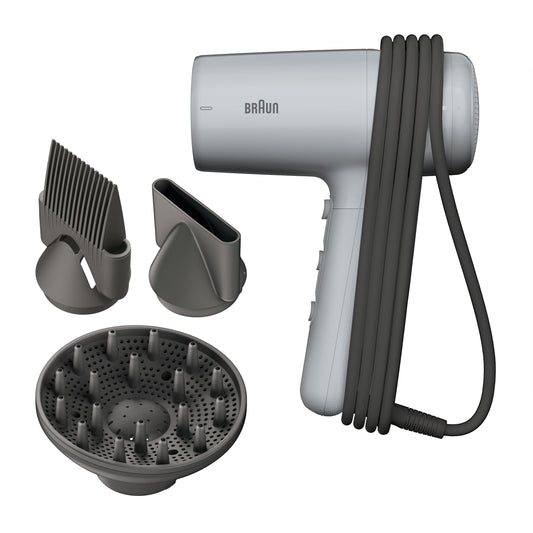 Braun Haartrockner HD2.35 – Ușor și eficient, cu difuzor, pieptene de îndreptat și duză de styling, potrivit pentru toate tipurile de păr. Tehnologie IONTEC, 2200 W, 3 temperaturi și 2 viteze, culoare gri, BRHD235E.