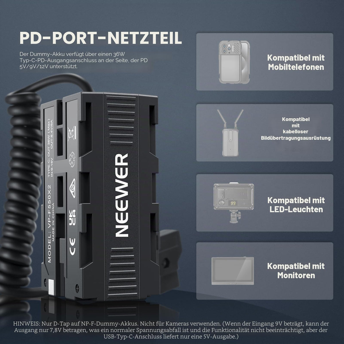 NEEWER Adaptor de baterie dummy dublu față cu display, încărcător splitter D Tap pe USB C, compatibil cu monitorul Atomos Ninja Shinobi, transmisor video DJI SDR, Sony NP-F970/750/550, VP-F550X2