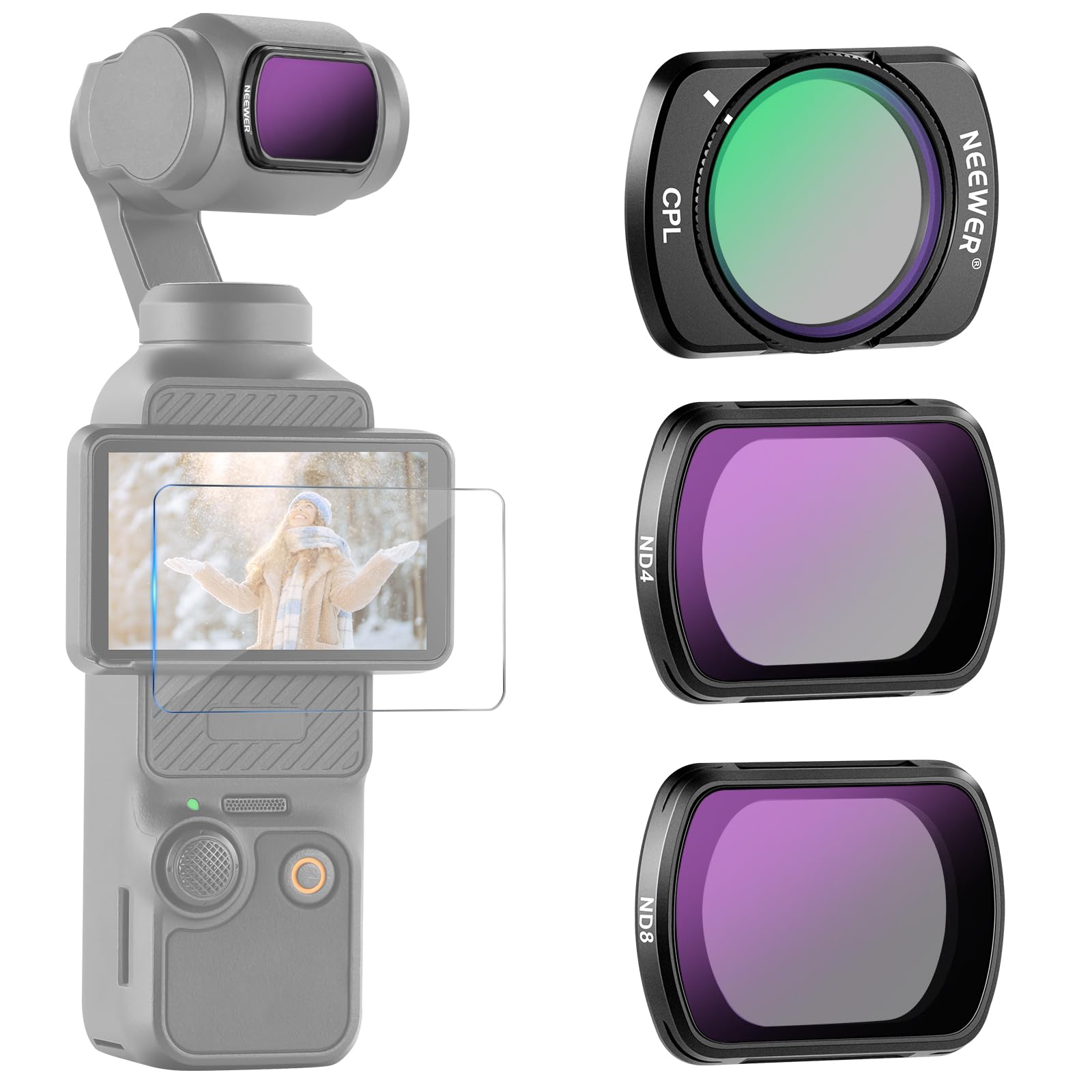 NEEWER ND & CPL filter set compatible with DJI Osmo Pocket 3 / Pocket 4 / Xtra Muse, ND4 + ND8 + CPL magnetic HD neutral density circular polarization filter accessory set, FL-B03