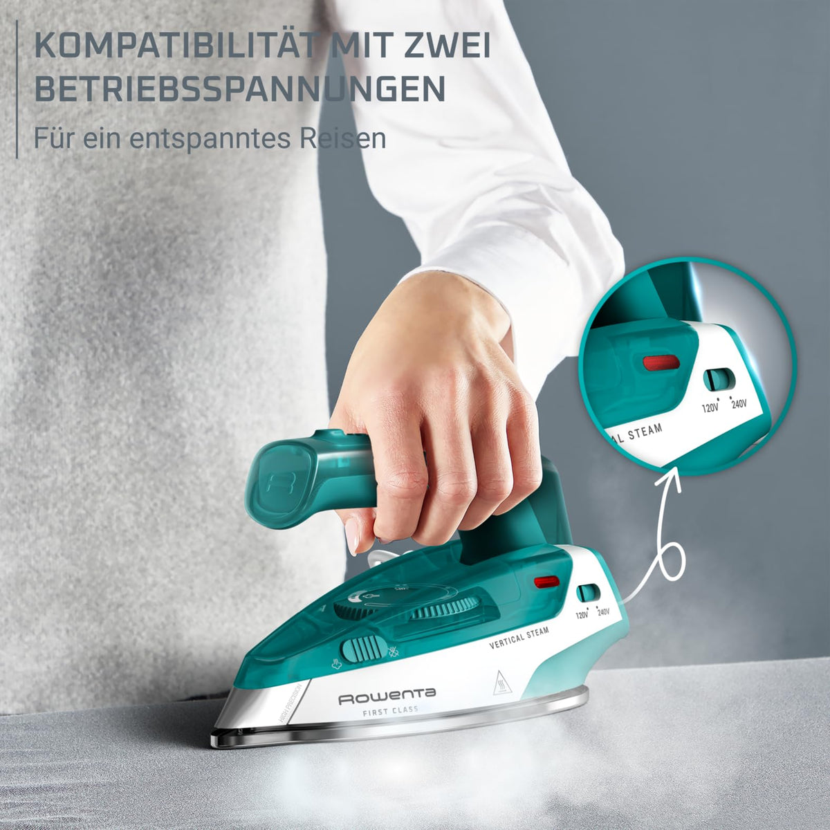 Fier de călcat cu aburi Rowenta First Class, format de călătorie pliabil, 45 g/min. impuls de aburi suplimentar, compact, ușor, încălzire rapidă, abur vertical, 1000 Watt, Alb/Petrol, DA1610E0