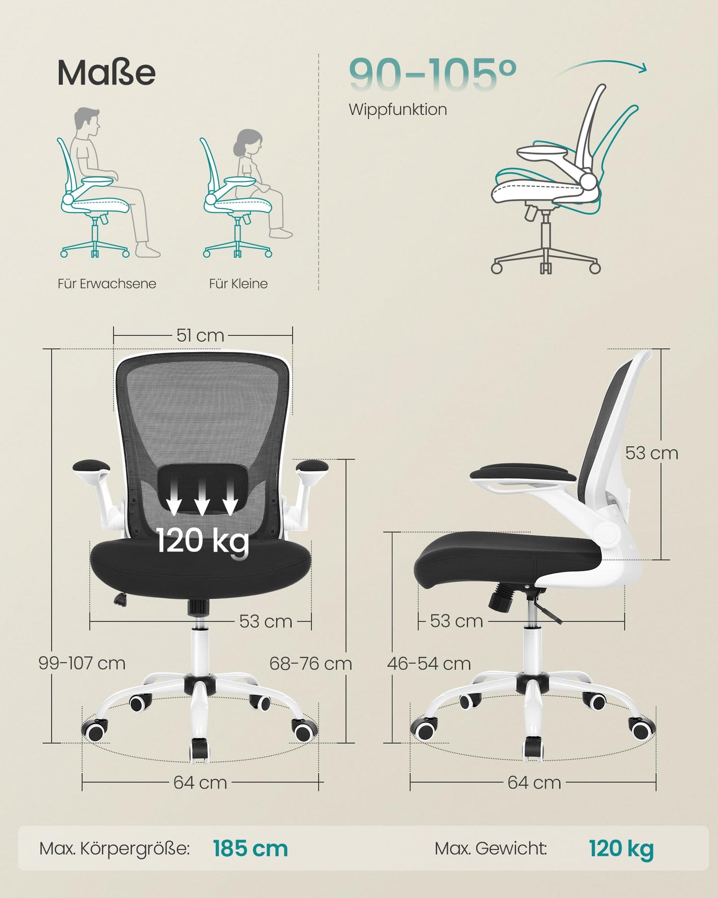 SONGMICS ergonomic office chair, swivel chair with mesh, lumbar support, rocker function, 53 cm seat, folding armrests, study and bedroom, students, black and white OBN37WT