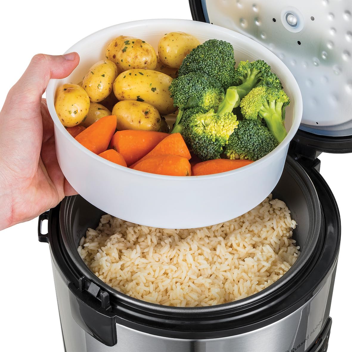 Russell Hobbs rice cooker 1.2l incl. steamer insert with aroma hinged lid (keep warm function, non-stick coated cooking pot, rice spoon & measuring cup, stainless steel) 27080-56