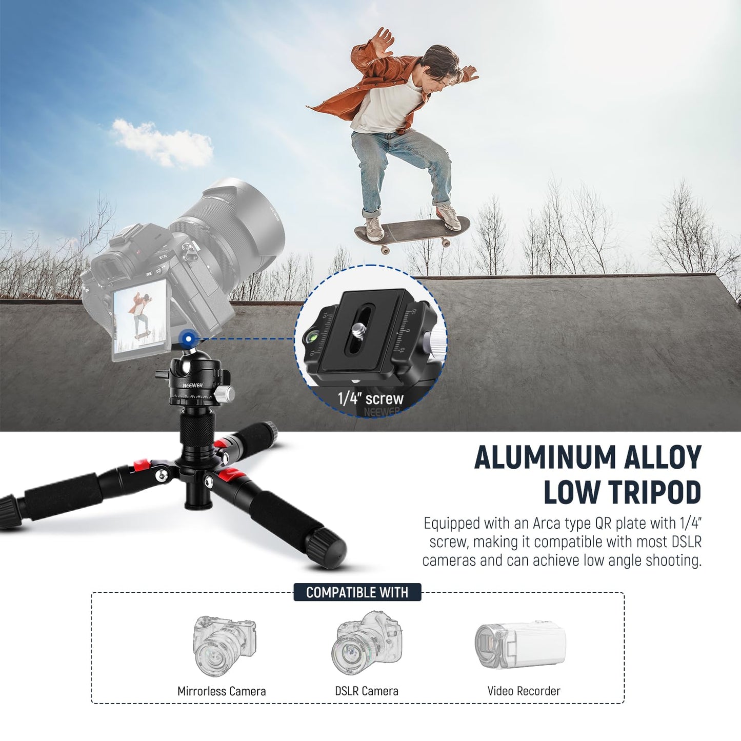 NEEWER Mini table tripod with smartphone holder compatible with iPhone & DSLR cameras for video recordings, 50cm compact travel webcam tripod with 360° ball head & 1/4" quick release plate, TP-AAM521