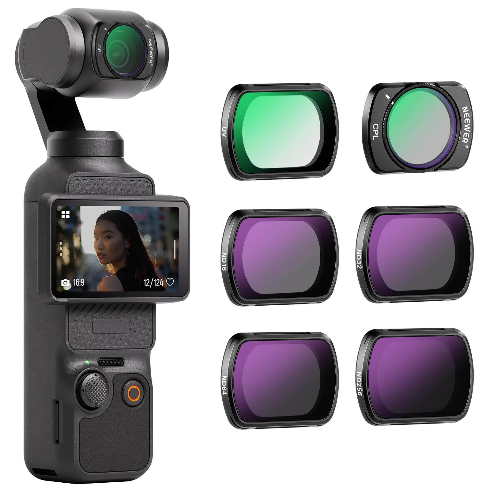 NEEWER Magnetic ND CPL UV filter set, compatible with DJI Osmo Pocket 3 / Pocket 4 / Xtra Muse, pack of 6 HD UV neutral density filters ND16, ND32, ND64, ND256 and circular polarization filter - 10104965