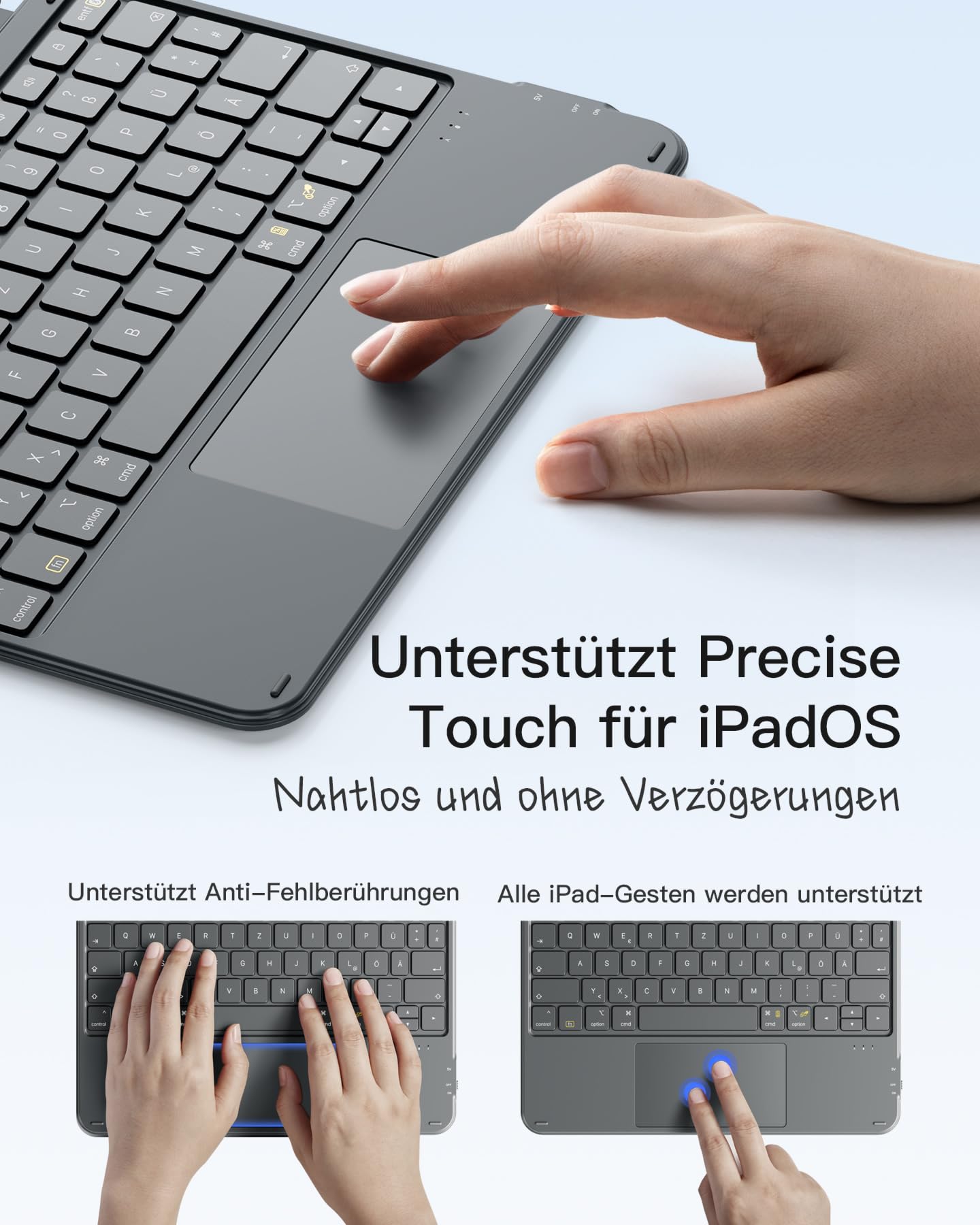 Inateck case with keyboard, ultralight for iPad 11 (A16 2025)/10 Gen, iPad Air 11" M4/M3/M2 (2026/2025/2024), Air 5/4, Pro 11 4/3/2/1, removable, with touchpad, QWERTZ, AceTouch KB04122 - KB04122-G-DE