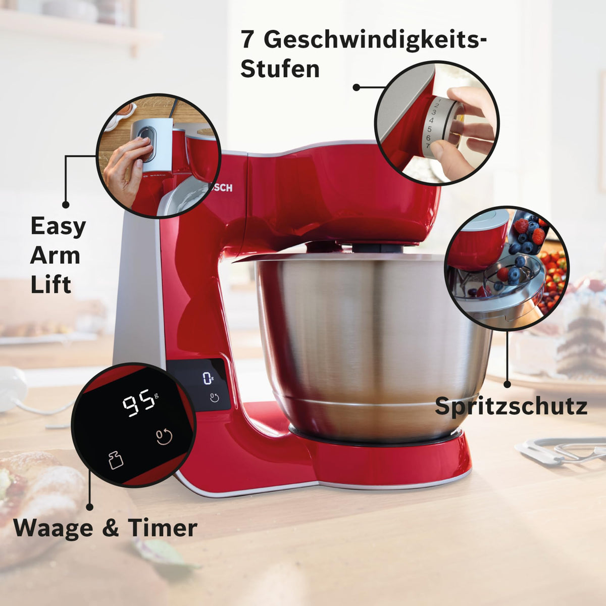 Bosch Kitchen Machine MUM5 MUM5X720, integrated scale, stainless steel bowl 3.9L, blender 1.25L, professional kneading hook, planetary mixing gear, whisk, continuous slicer, 1000 W, silver/dark red