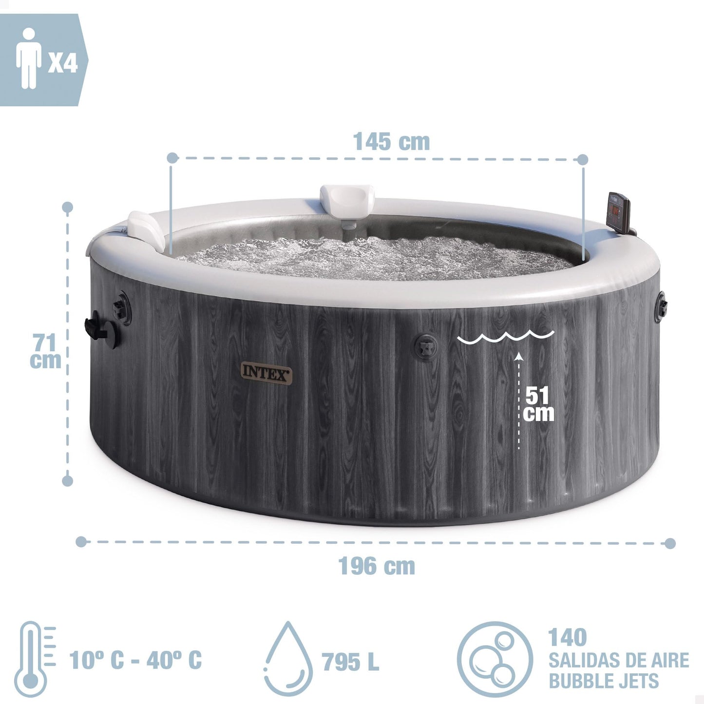 INTEX PureSpa Greywood Deluxe - 4-person whirlpool, with gray wood grain, 140 air jets, 2200 W heater, with LED lighting, water softening system & app control - 28440NP