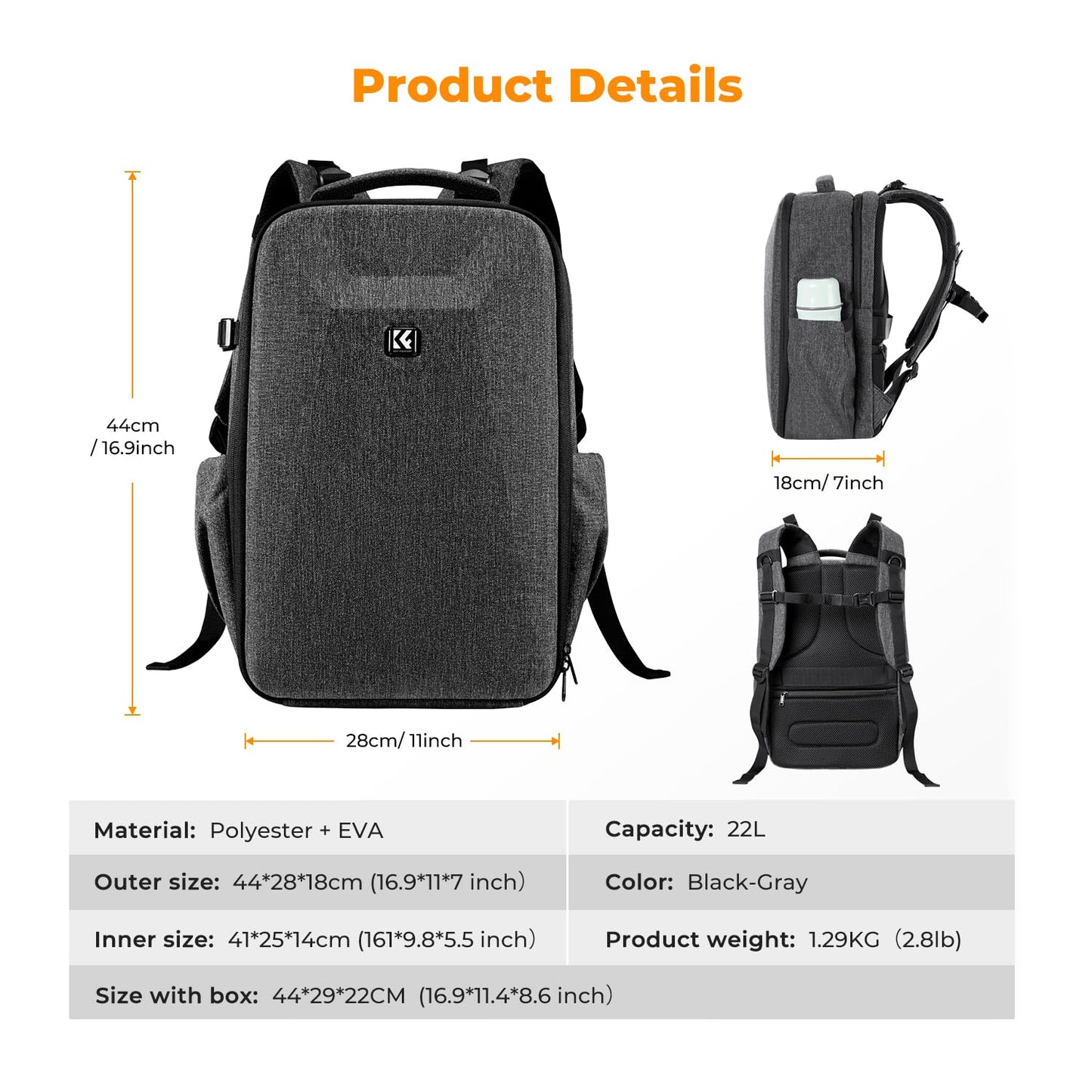 K&F CONCEPT camera backpack photo backpack with hard shell camera bag with 15.6 inch laptop compartment and rain cover, backpack for drones - KF13.134V4