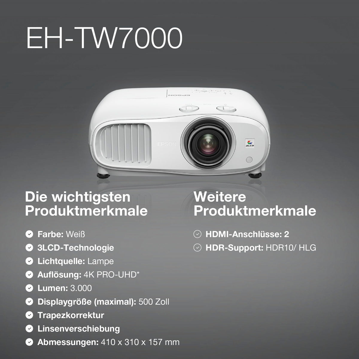 Epson EH-TW7000 4K Pro-UHD 3LCD projector (3,000 Lumen white and color brightness, contrast ratio 40,000:1, optional WiFi, HDMI) - V11H961040