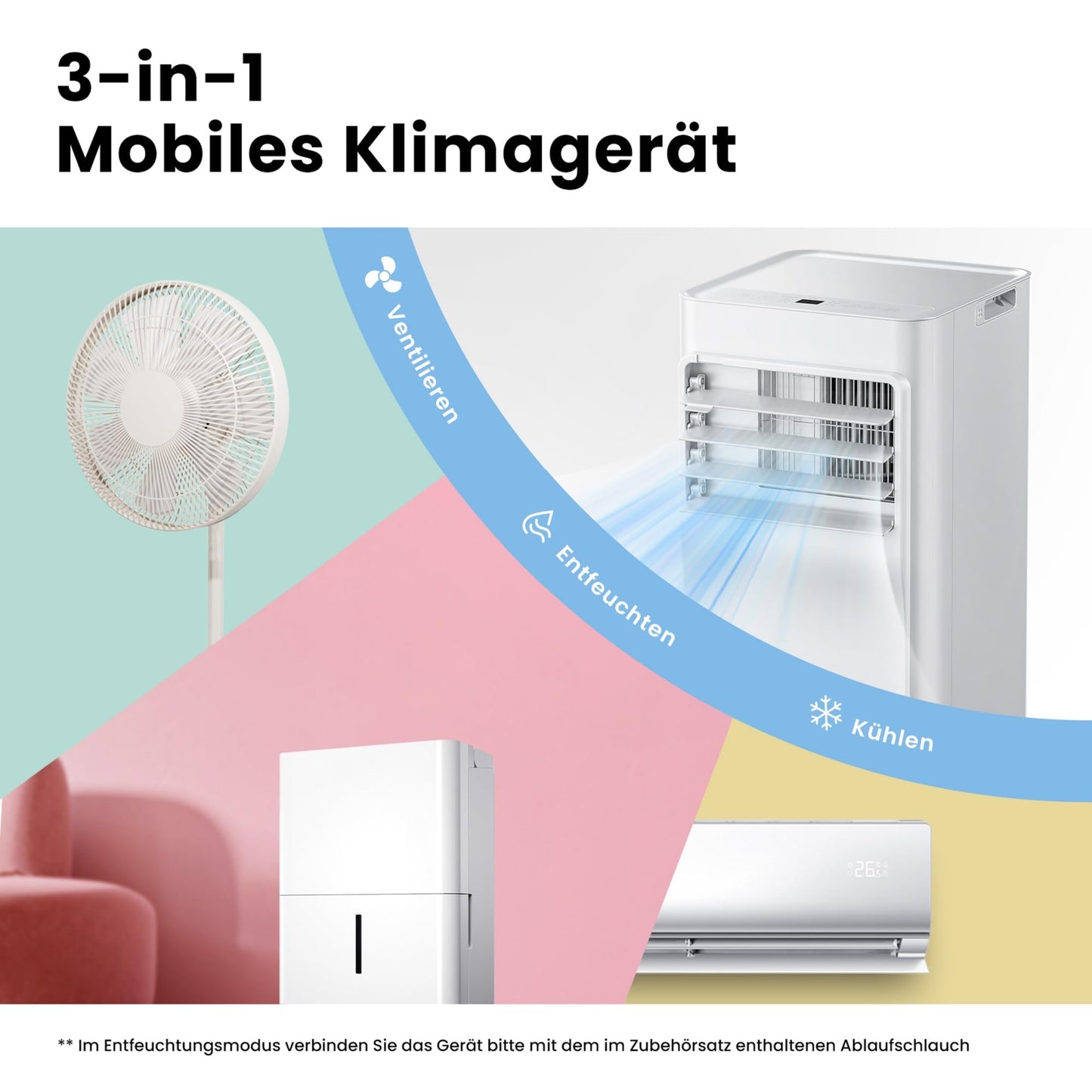 Comfee mobile air conditioner Breezy Cool Pro 2.0, 7000 BTU 2.0 kW, cooling & ventilation & dehumidification, APP control, room size up to 68m³ (25㎡), mobile air conditioning with exhaust hose, - CPPA-07CRN7-QB6