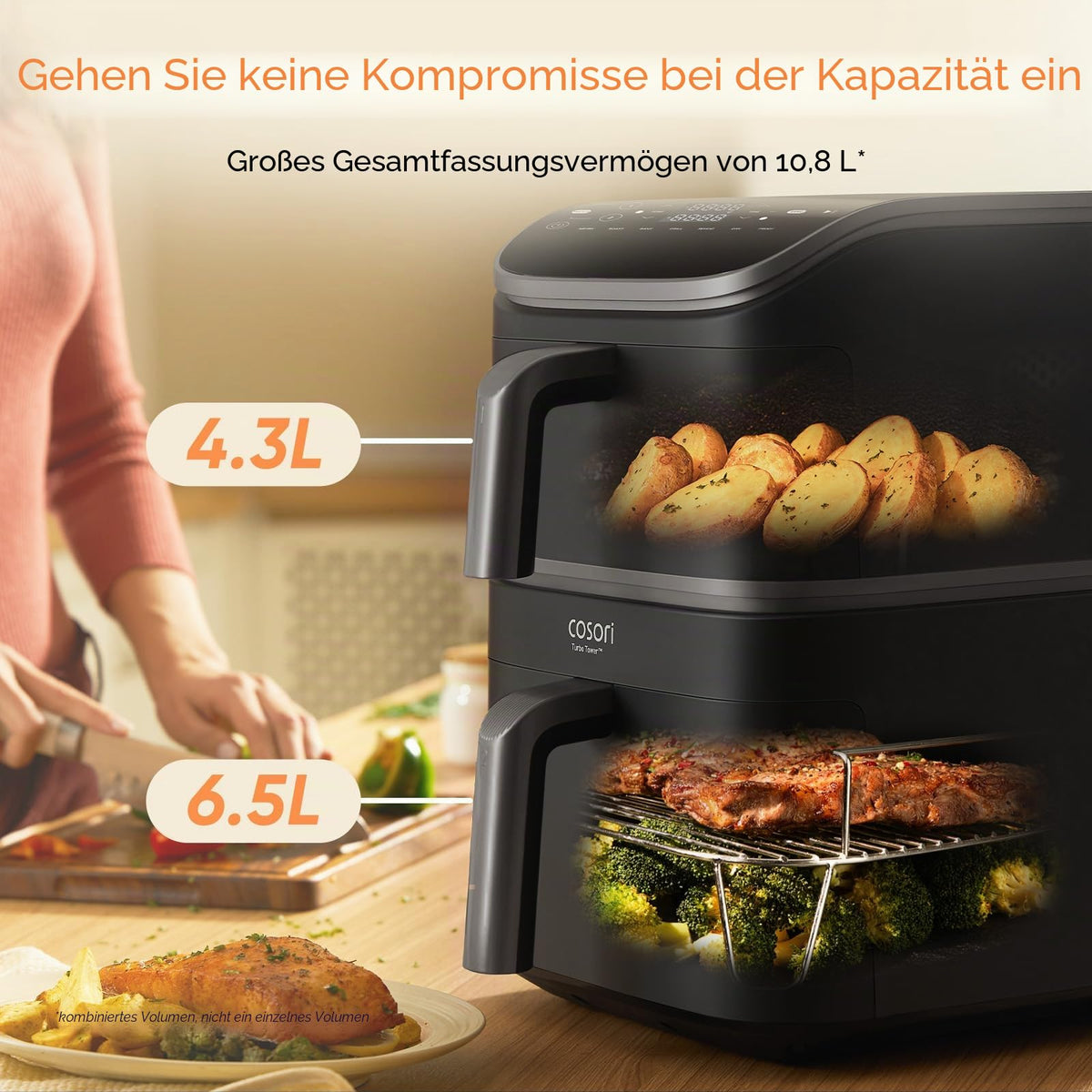 COSORI Air Fryer Turbo Tower 10.8L, Oil-Free Fryer with 2 Drawers, 3 Cooking Levels, 6-in-1, Compact and Stackable Design, 41% Less Large than Traditional Double Air Fryers, 20+ Recipes - CAF-DC111-AEU