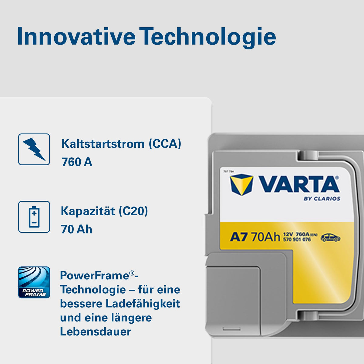 VARTA Automotive DYNAMIC AGM (A7) 12V 70Ah 760A - baterie umedă pentru sisteme Start-Stop și xEV - baterie de pornire pentru mașini cu un consum mai mare de energie - baterie cu plumb-acid fără întreținere - 570