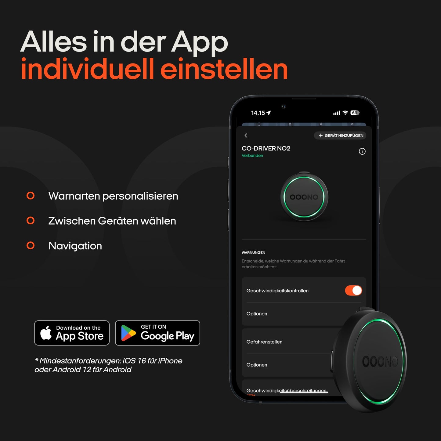 OOONO Co-Driver NO2 - Optimized co-driver for the car - Warns of speed controls and danger spots - Rechargeable - LED display - CarPlay & Android Auto compatible - CD2