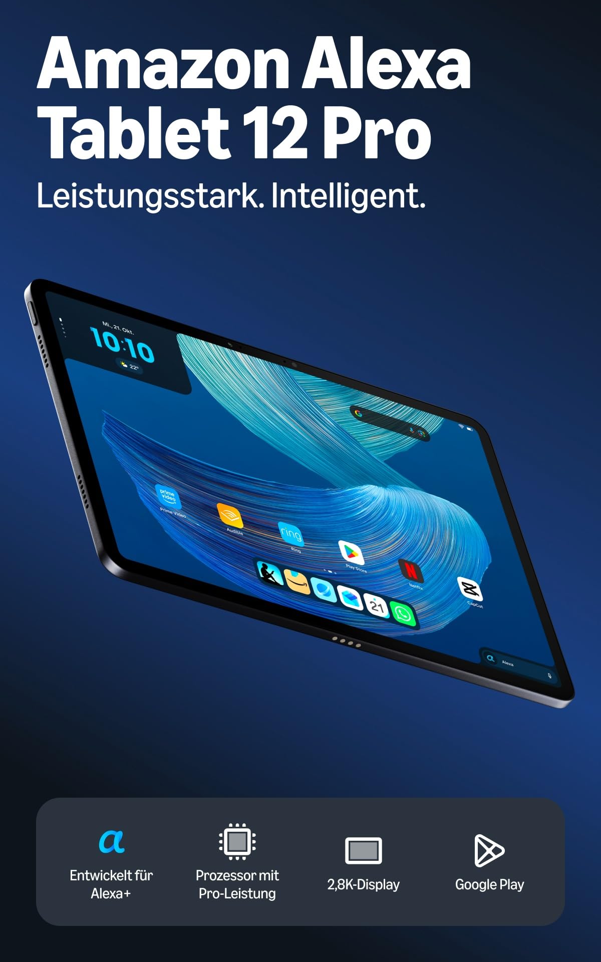 Noul tablet Amazon Alexa 12 Pro, 8 GB RAM, 128 GB, display strălucitor de 12 inch cu 2,8K, baterie pentru întreaga zi, cu Google Play, dezvoltat pentru Alexa+, culoare grafit. - SP24NE