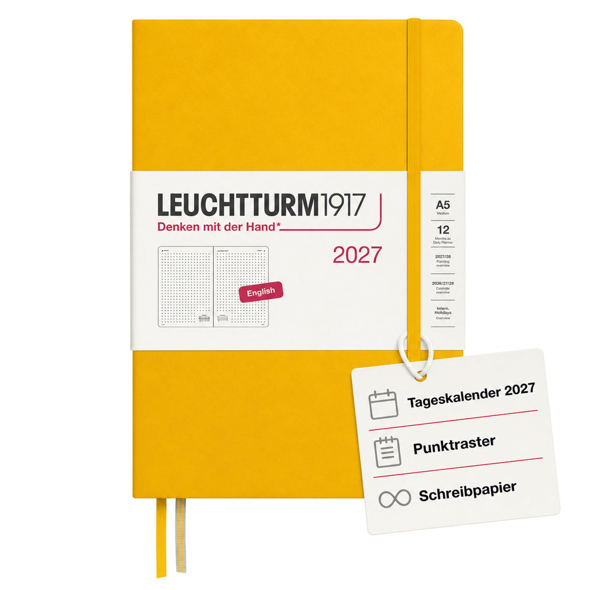 LEUCHTTURM1917 Calendar zilnic 2027 cu punct mediu (A5) - engleză, floarea soarelui, 145 x 210 mm, ianuarie-decembrie (12 luni), 1 pagină pe zi, grilă orară 7:00-22:00, copertă cartonată, hârtie de 80 g/m² - 400335