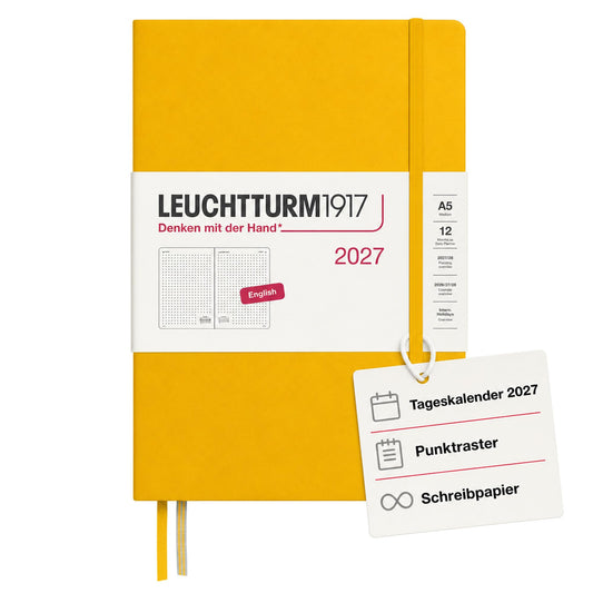 LEUCHTTURM1917 Calendar zilnic 2027 cu punct mediu (A5) - engleză, floarea soarelui, 145 x 210 mm, ianuarie-decembrie (12 luni), 1 pagină pe zi, grilă orară 7:00-22:00, copertă cartonată, hârtie de 80 g/m² - 400335