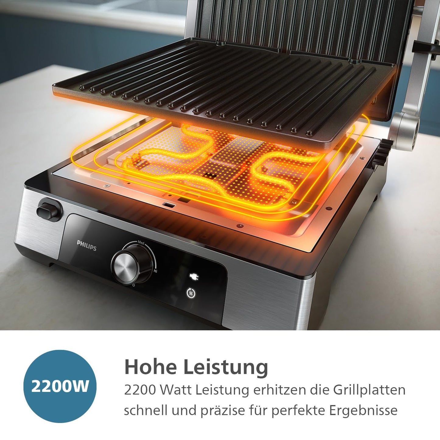 Philips contact grill - adjustable temperature 60°C-200°C. Can be opened 180°. Large grill area and high power performance. Removable non-stick plates and fat drip tray. (HD6301/90)