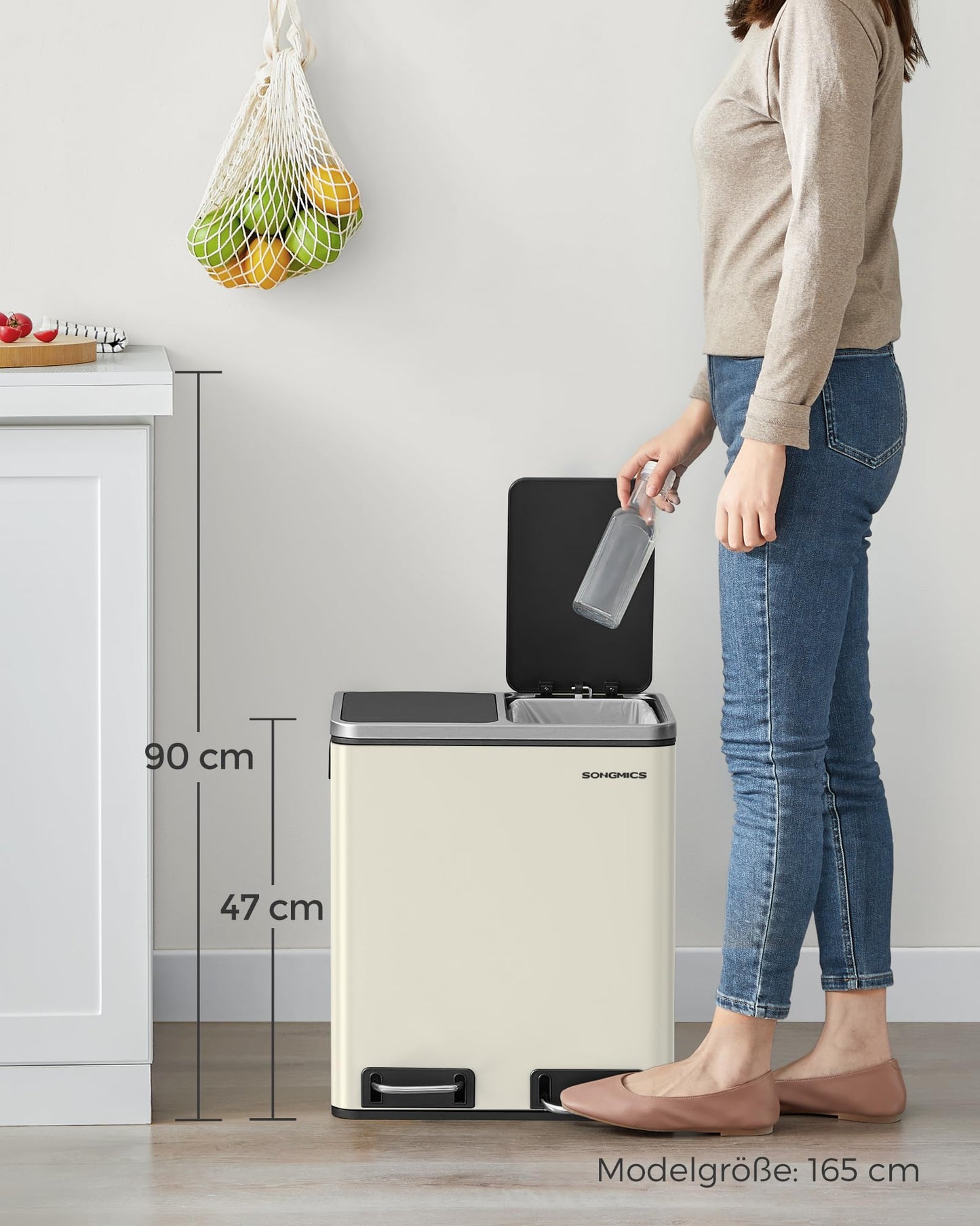 SONGMICS kitchen trash can, 2 x 15 liters, waste separation system 2 compartments, including 15 trash bags, trash can, pedal bin, recyclable waste, organic waste, soft close lid, sand beige-ink black LTB30A02 - ULTB30A02