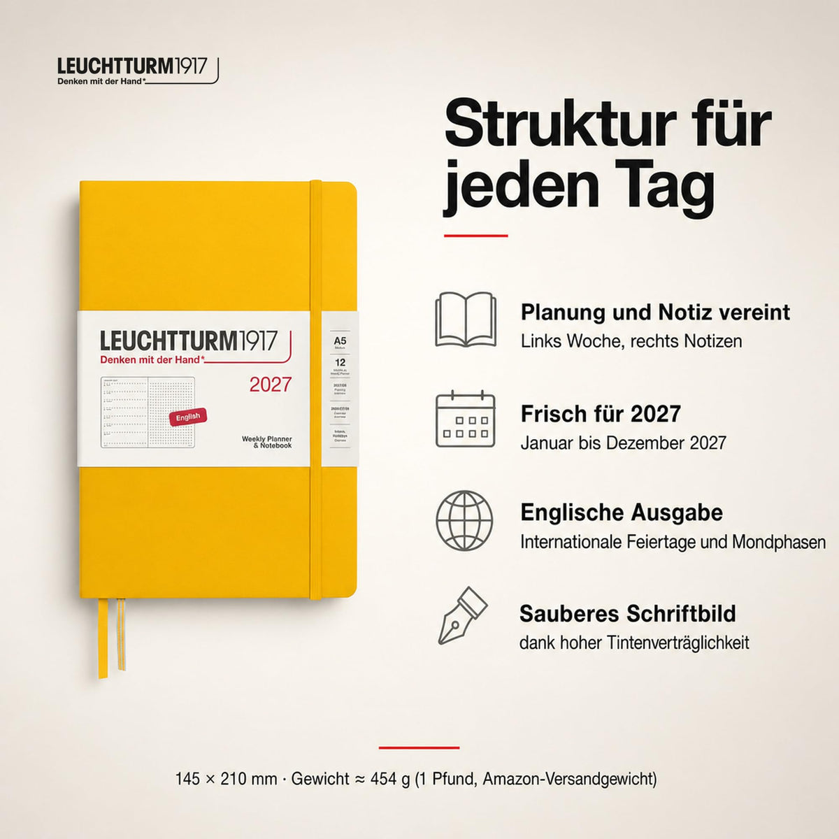 LEUCHTTURM1917 calendar săptămânal 2027 punctat mediu (A5) cu caiet, punctat - planificator de întâlniri engleză, floarea soarelui, copertă cartonată, 145 x 210 mm, ianuarie-decembrie 2027, prezentare săptămânală în stânga + pagina de note în dreapta -