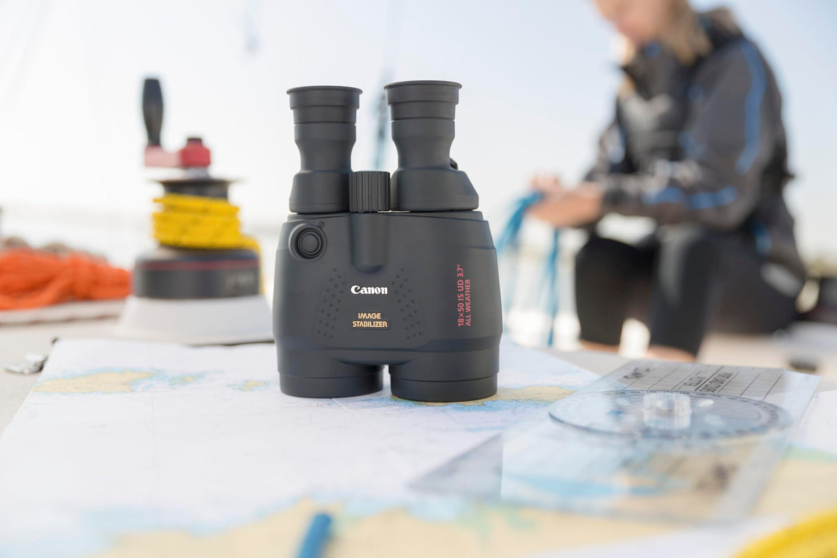 Canon 18x50 IS All-Weather Binoculars (18x magnification, weatherproof, field glasses, precision optics, IS image stabilizer, manual focus, diopter correction, Porro prism II), black - 4624A014