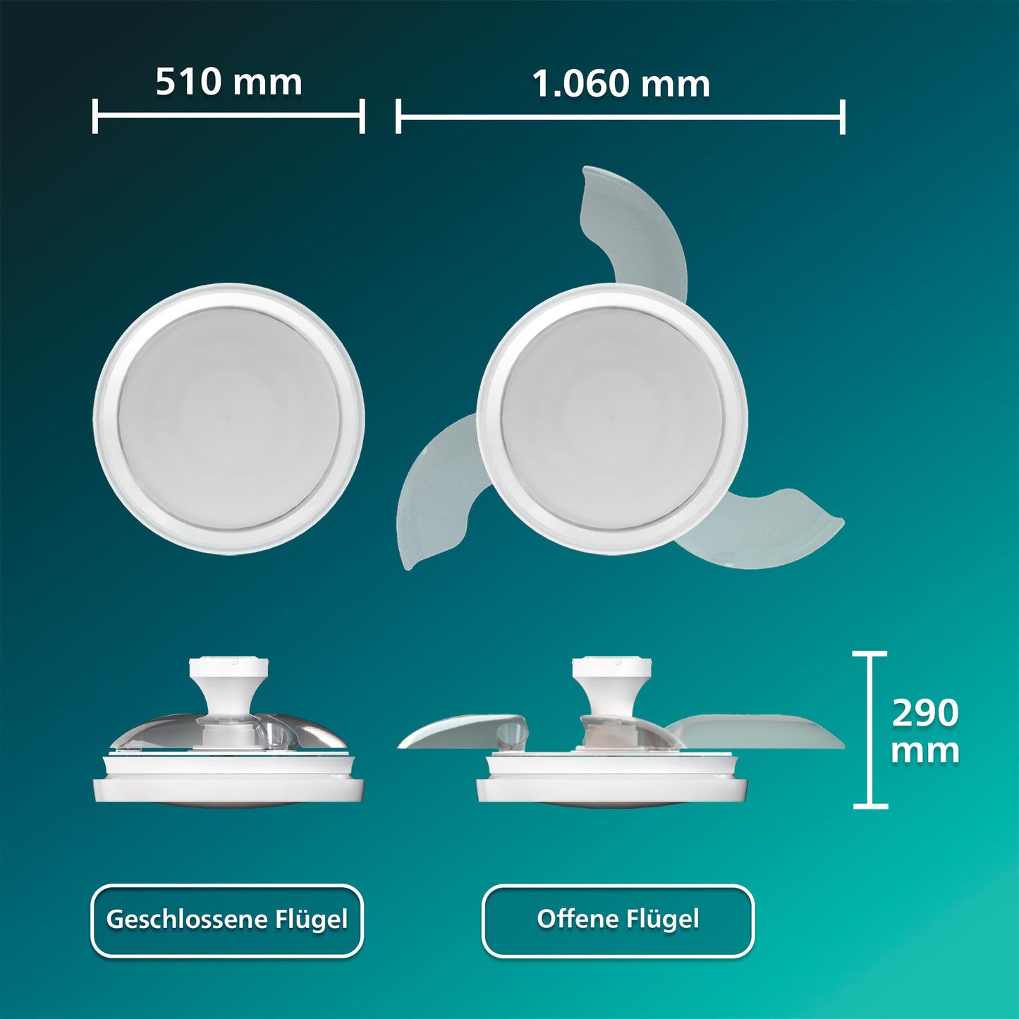 Philips Bliss ceiling fan with LED light and retractable blades, 3 blades, 106 cm wingspan, 4,500 lumens, adjustable. Light (3,000 K to 6,500 K), dimmable up to 5%, including remote control, white - 929004749601
