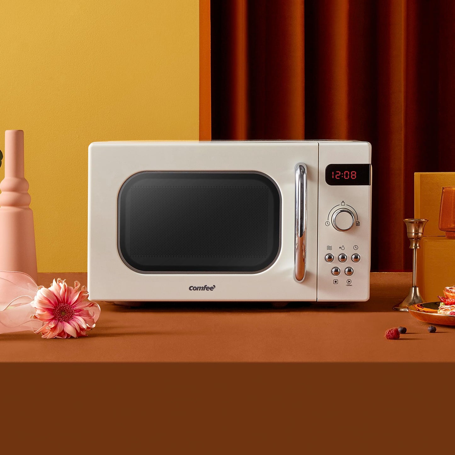 Comfee CMSRO 20 di cr retro style microwave / retro microwave oven with 8 auto menus, 5 cooking power levels, express cooking button, express cooking button, 20L, 800W, Apricot Cream