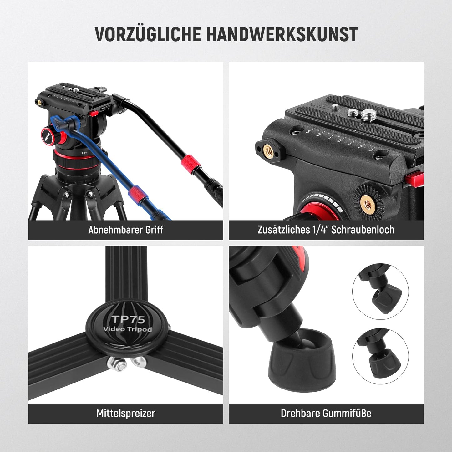 NEEWER 189cm video tripod video tripod with damping fluid head, metal heavy duty dual mode QR plate, photo tripod camera tripod compatible with DJI RS gimbals, TP75