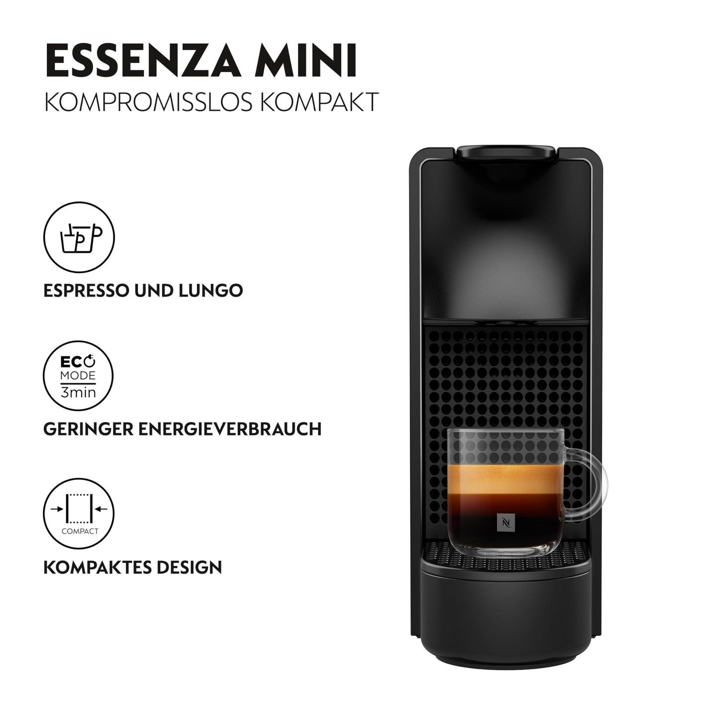 Nespresso Krups Essenza Mini coffee capsule machine, 7 capsules, 19 bar, energy saving mode, 1260 watts, 0.6 l water tank volume, very small housing, black, energy class A, XN1108 - XN110810