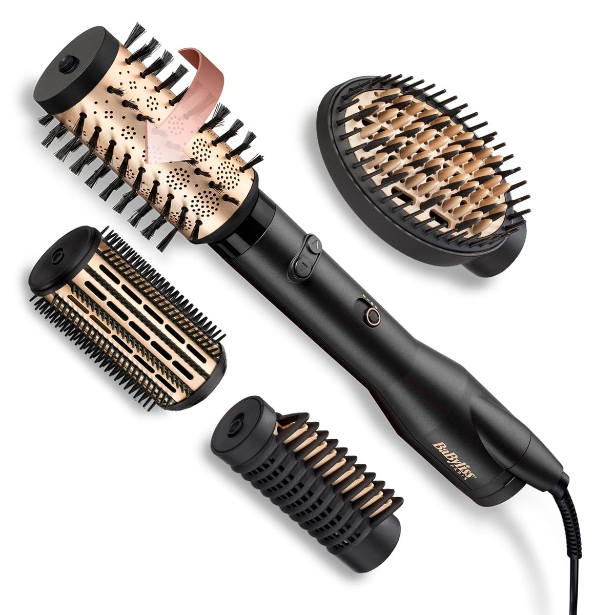 BaByliss Big Hair Luxe Perie rotativă cu aer cald, perie de uscare cu 4 accesorii pentru îndreptare, periere și volum, perie de uscare luxoasă pentru strălucire și netezire, câștigătoare a testelor, AS970E