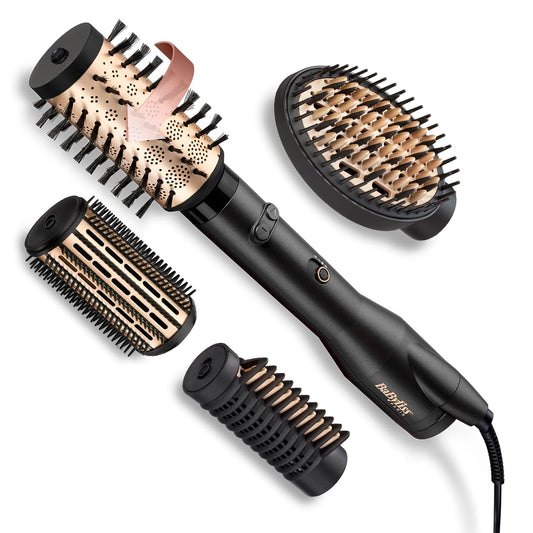 BaByliss Big Hair Luxe Rotating Hot Air Brush, styling brush with 4 attachments for straightening, brushing, and adding volume and shape, luxurious hair dryer brush for shine and smoothness, award-winning, AS970E