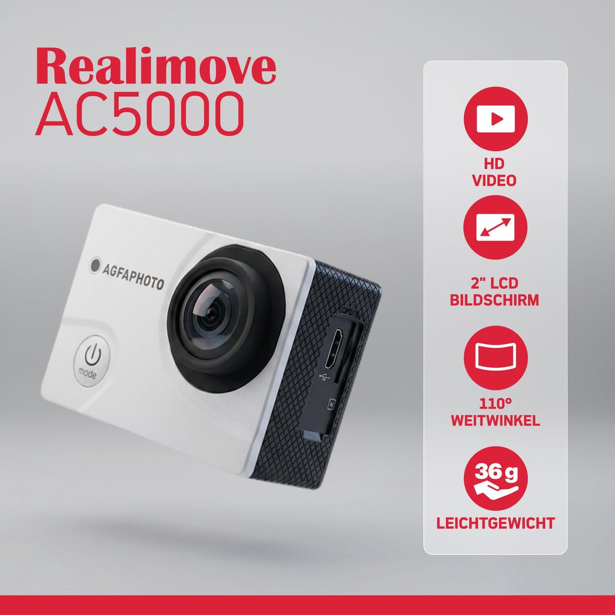 AgfaPhoto - Cameră sport - AC5000 - True 720P 30FPS, unghi larg de 110°, carcasă impermeabilă până la 30m - WiFi - 12 accesorii incluse