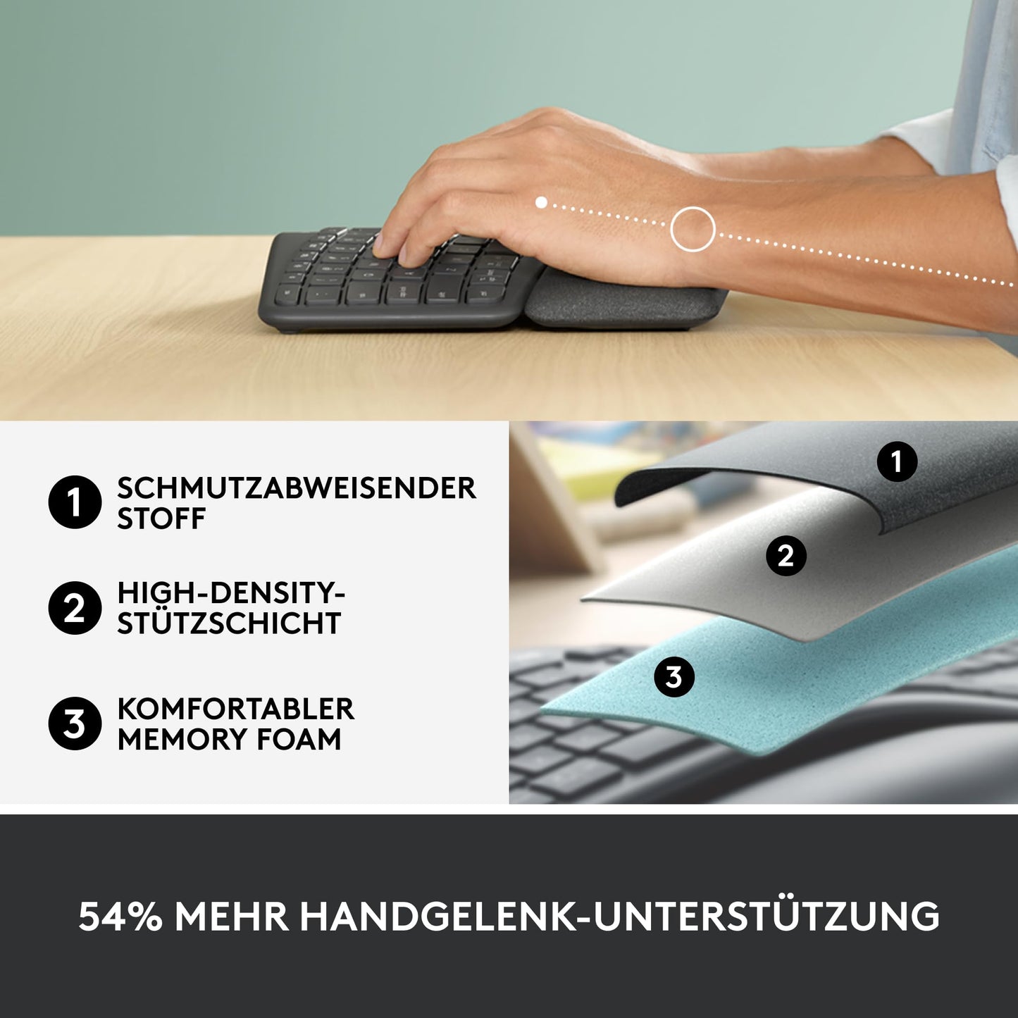 Logitech ERGO K860 Wireless Ergonomic Keyboard - Split Keyboard, Wrist Rest, Natural Typing, Stain-Resistant Material, Bluetooth and USB Connection, for Windows/Mac - Graphite - 920-009167