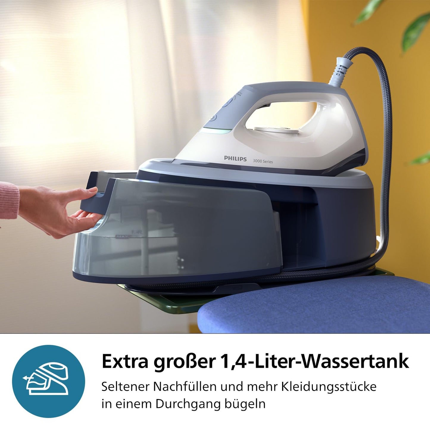 Philips steam iron station 3000 Series, 2400 W, 120 g/min continuous steam, 350 g steam boost, fast and powerful, vertical steam, ceramic sole, Deep Azur (PSG3000/20)
