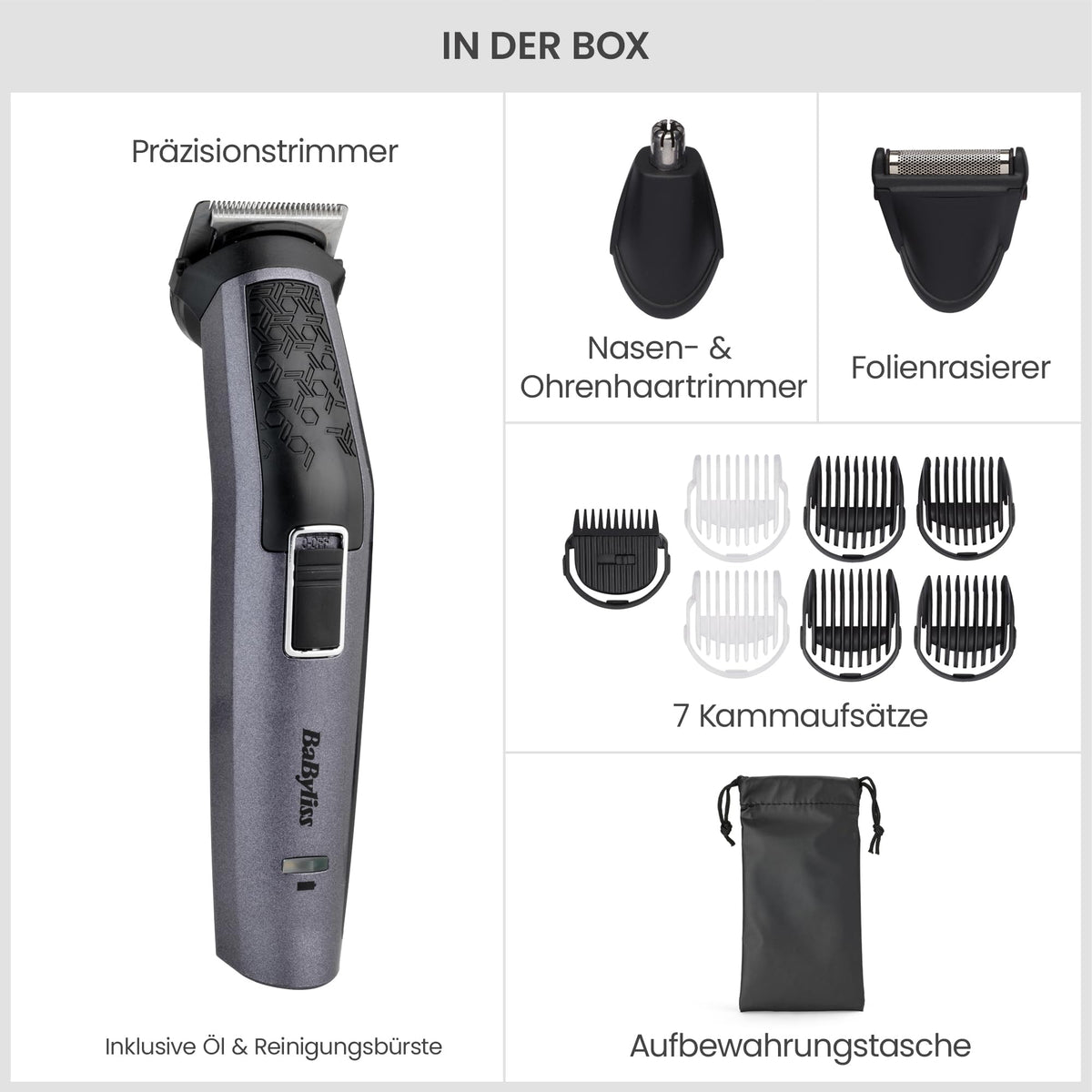 BaByliss 10-in-1 Carbon Titanium Multi-Grooming Trimmer Kit, washable for body, beard, and nose hair, includes storage bag, black grey MT727E