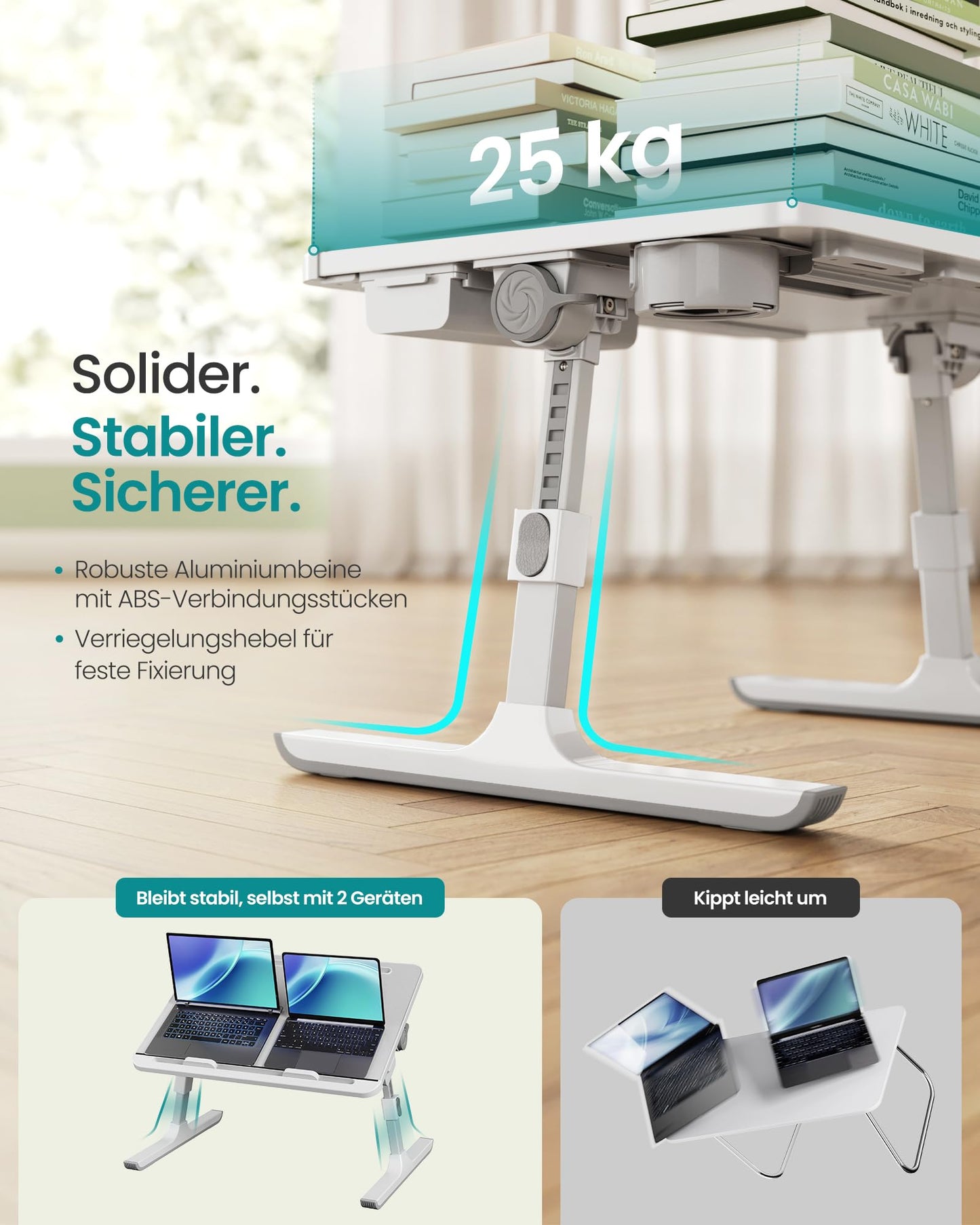 SONGMICS laptop table, bed table, laptop stand, 56 x 40 cm table top, 120° freely adjustable, height adjustable, with cup holder, drawer, portable, gray LLD113GZ01