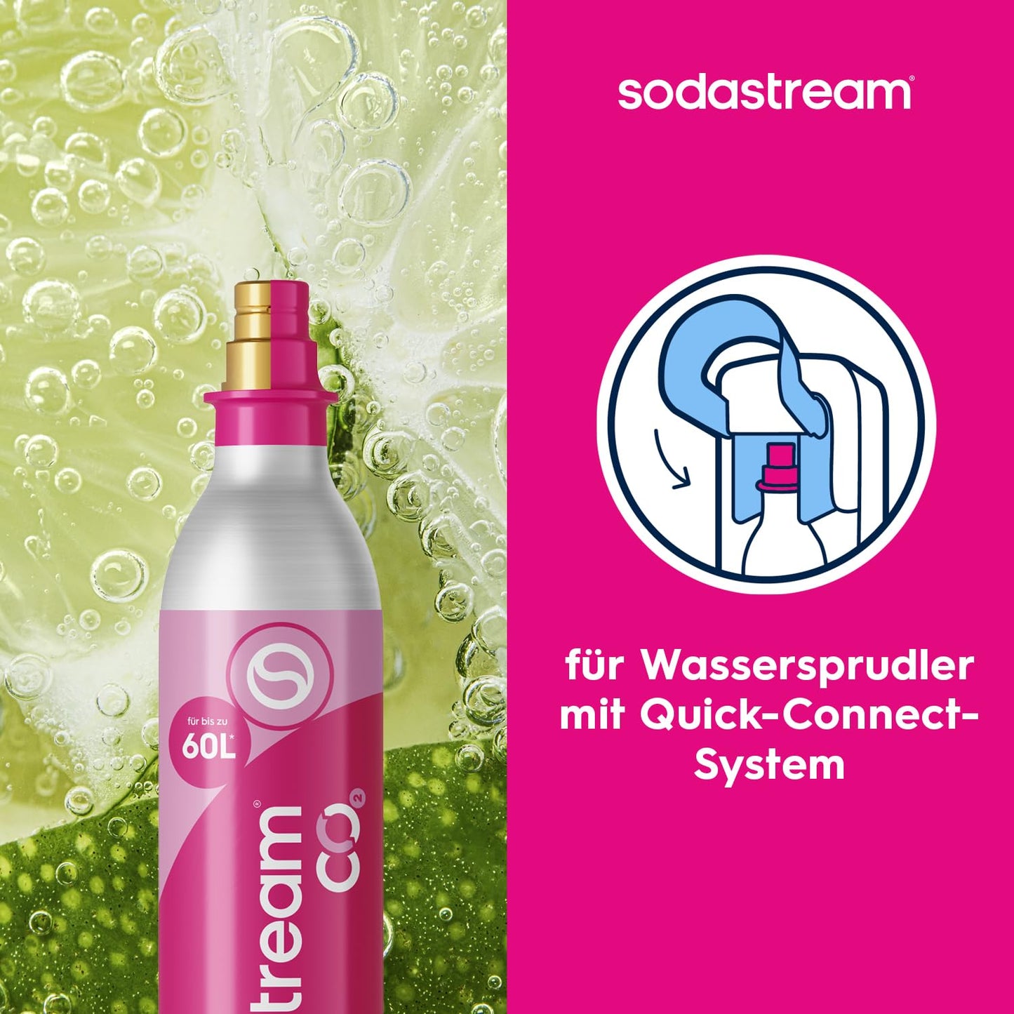 Sodastream Quick Connect CO2 cylinder, pack of 2 reserve cylinders for up to 120L sparkling water, pink, compatible with Terra, E-Terra, Duo, E-Duo, Art, Gaia, Crystal 3.0 and ENSO - CQC