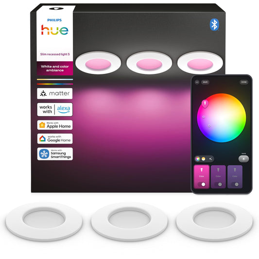 Philips Hue Slim Downlight, recessed spotlight with LED light, 1,000 lm, 90 mm, slim design, full spectrum daylight 1,000–20,000 K, stepless dimmable, precise color, smart lighting, white, 3-pack - 929004291002