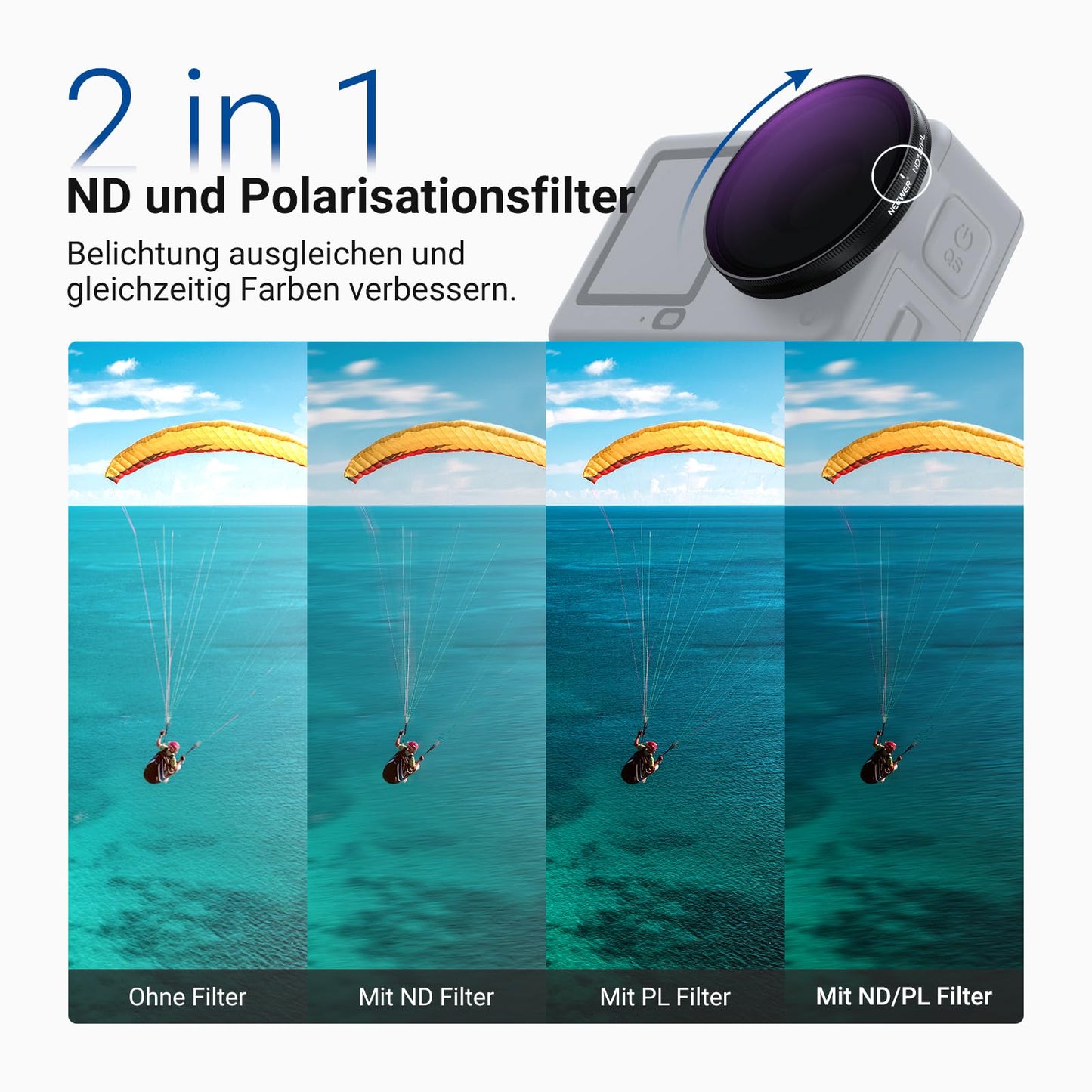 NEEWER ND/PL Filter Set Compatible with DJI Osmo Action 6 only, ND8/PL+ND16/PL+ND32/PL+ND64/PL Polarizing Filter Gray Filter CPL Lens Filter, Multi-Coated HD Action Cam Photography Accessories, FL-B3