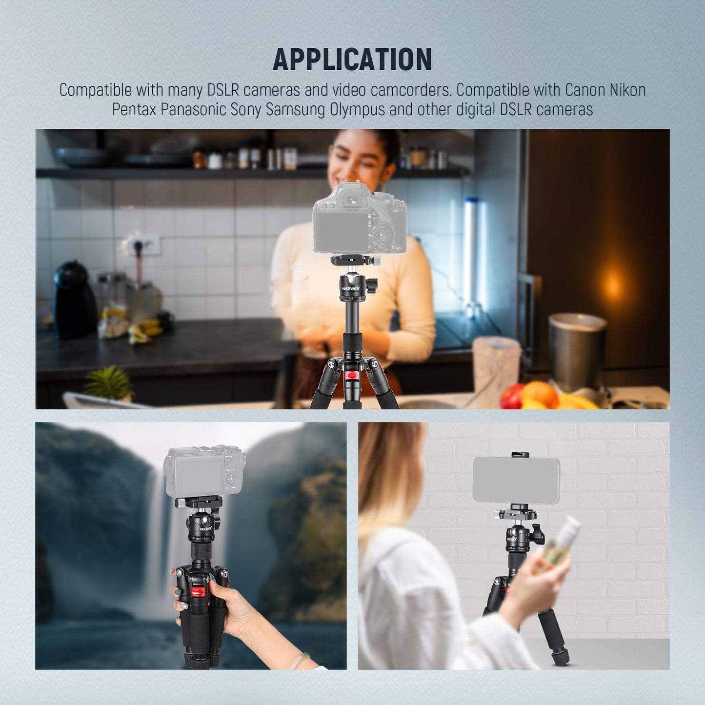 NEEWER Mini table tripod with smartphone holder compatible with iPhone & DSLR cameras for video recordings, 50cm compact travel webcam tripod with 360° ball head & 1/4" quick release plate, TP-AAM521