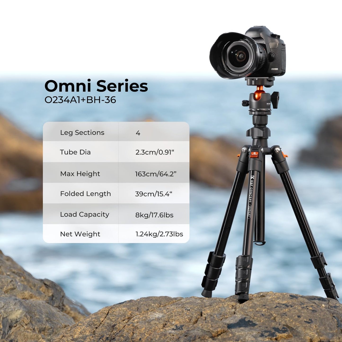 K&F CONCEPT O234A1 mobile phone tripod, 163cm camera tripod, tripod for on the go, tripod for smartphone with mobile phone holder, aluminum travel tripod - K234A0+BH-28L