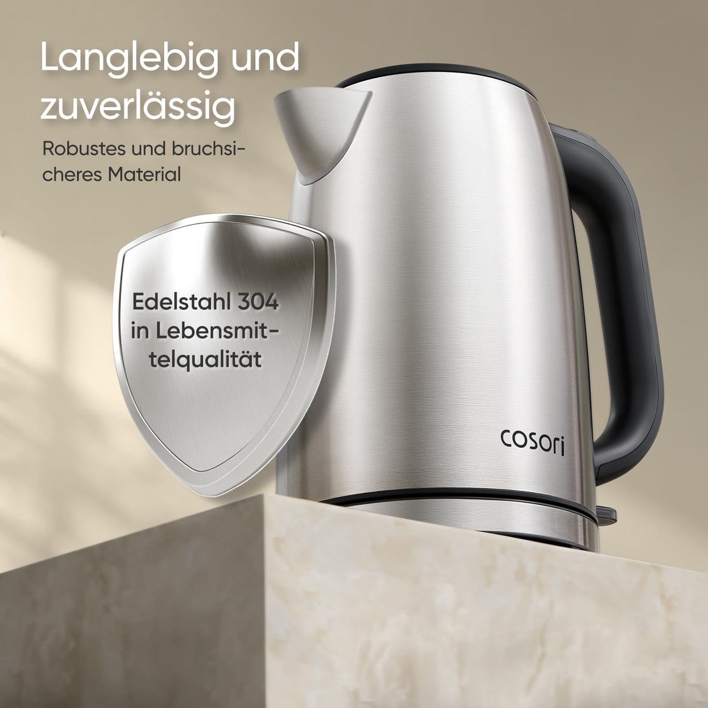COSORI kettle stainless steel with 1.7 L | 2200W | No plastic contact | LED lighting | 360° rotating base | Large opening | Dry boil protection | Strix Technology | Silver-black - CEK-S152-VEU